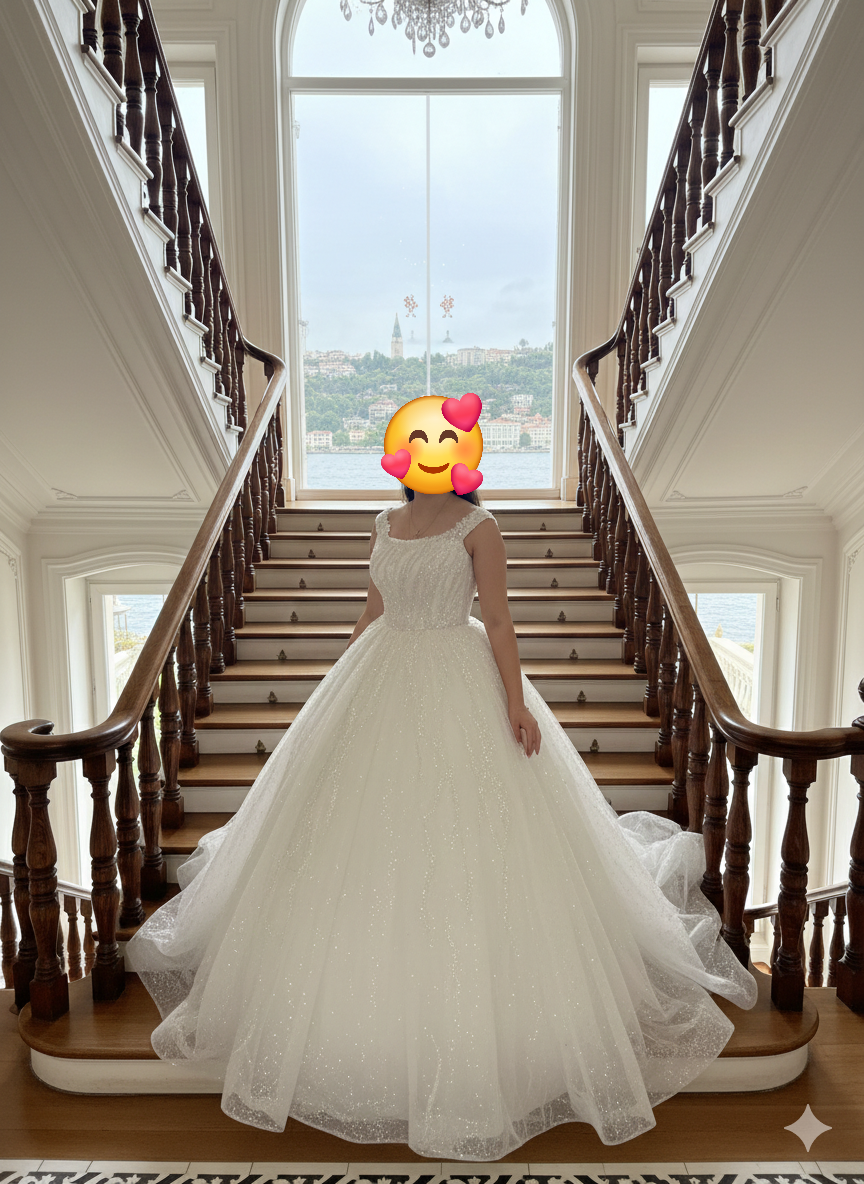 Kare Yaka prenses gelinlik